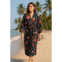 Hand Block Printed Floral Waffle Cotton Kimono Robe