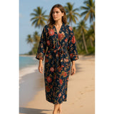 Hand Block Printed Floral Waffle Cotton Kimono Robe