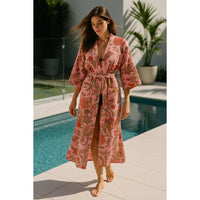Hand Block Printed Floral Waffle Cotton Kimono Robe